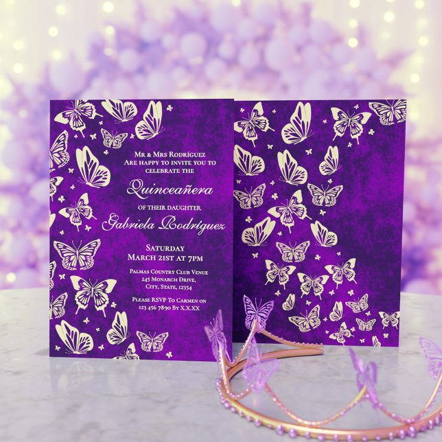 Luxuriöses Lila-Gold Butterfly Quinceanera Party Einladung (Luxury Purple and Gold Butterfly Quinceanera Party Invitation)