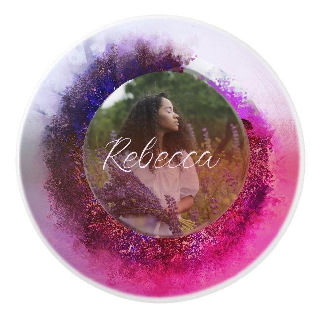Luxuriöses Lila und rosa Ombre Circle Frame Foto Keramikknauf (Vorderseite)