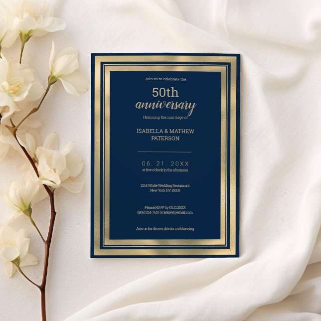 Luxuriöses marineblaues Gold 50. Hochzeitstag Einladung (Luxury navy blue gold 50th Wedding Anniversary)
