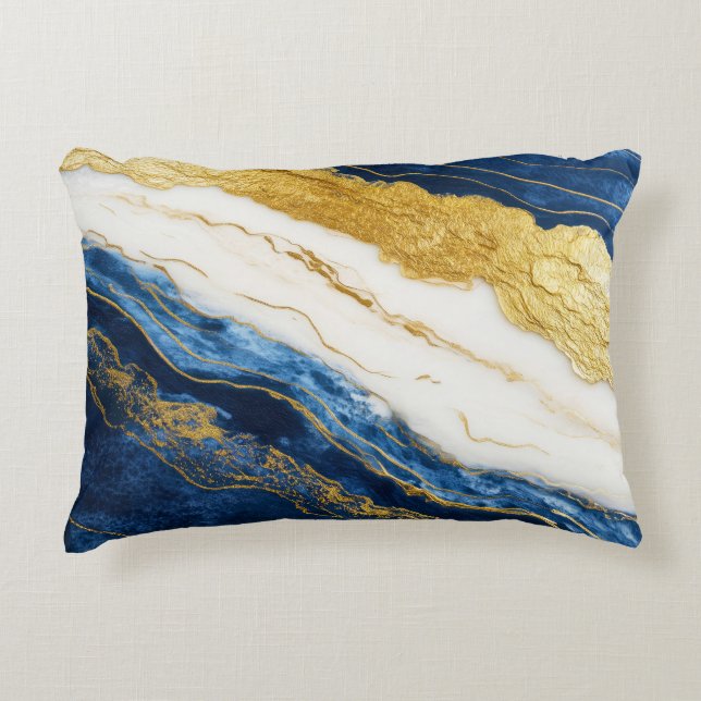 Luxuriöses Marmorschiff aus Navy Blue & Gold Leaf Dekokissen (Vorderseite)