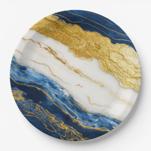 Luxuriöses Marmorschiff aus Navy Blue & Gold Leaf Pappteller