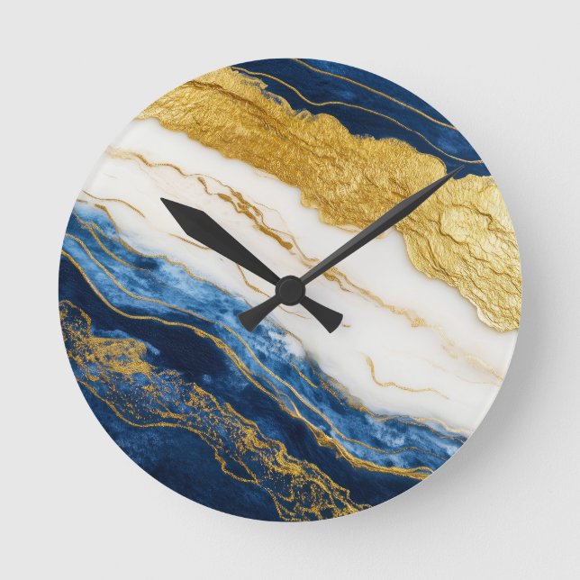 Luxuriöses Marmorschiff aus Navy Blue & Gold Leaf Runde Wanduhr (Vorderseite)