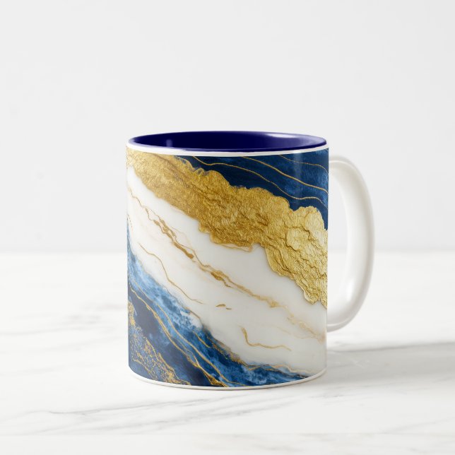 Luxuriöses Marmorschiff aus Navy Blue & Gold Leaf Zweifarbige Tasse (VorderseiteRechts)