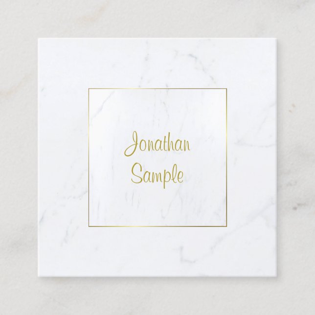 Luxuriöses, modernes White Marble Gold Script Schl Quadratische Visitenkarte (Vorderseite)