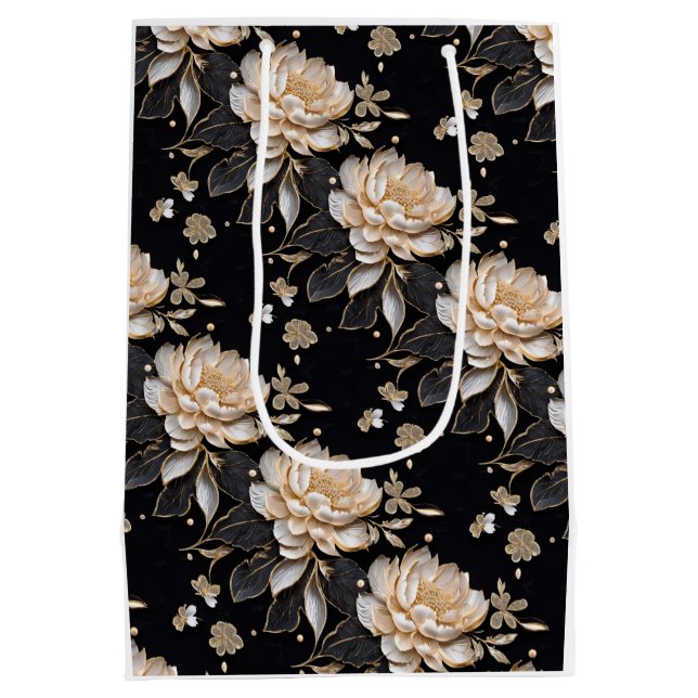 Luxuriöses Perlenmuster Blume elegant blumengeschm Mittlere Geschenktüte (Rückseite)