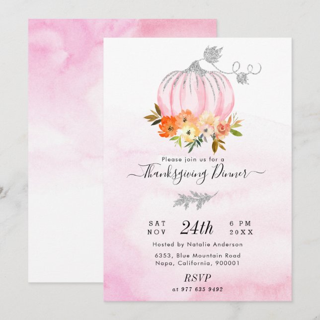 Luxuriöses Pink und Silver Pumpkin Erntedank Dinne Einladung (Vorne/Hinten)