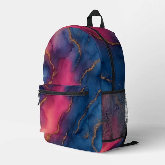 Luxuriöses rosa blaues Gold-Marmor-Backpack Bedruckter Rucksack (Rückseitige Ecke Rechts)