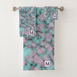 Luxuriöses rosa blaues Marmor Mit Monogramm Badhandtuch Set