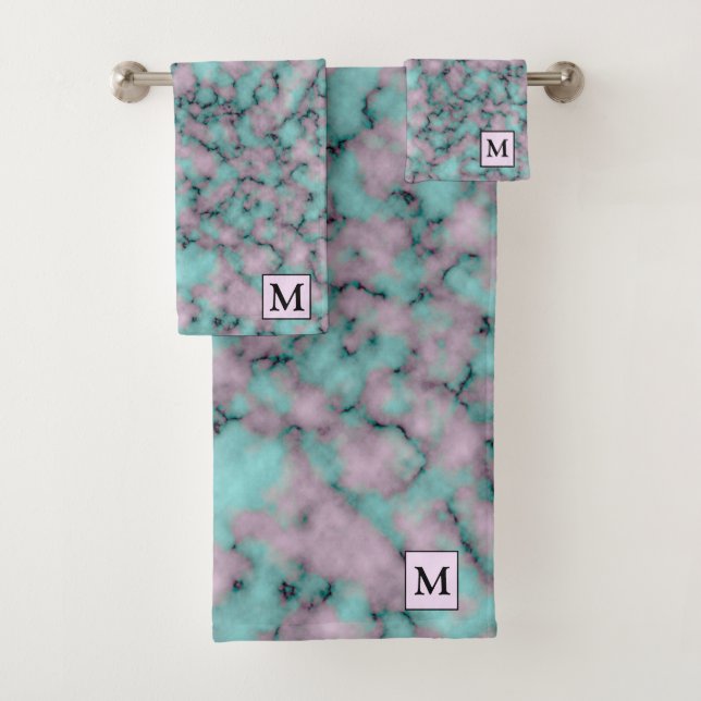 Luxuriöses rosa blaues Marmor Mit Monogramm Badhandtuch Set (Insitu)