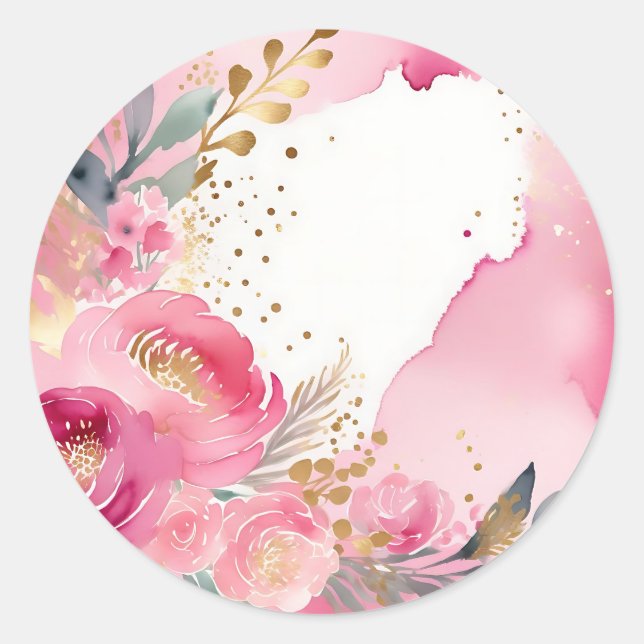 Luxuriöses rosa Floral Gold Runder Aufkleber (Vorderseite)