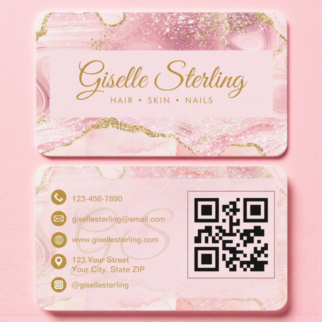Luxuriöses Rosa & Gold Marmor QR Code Visitenkarte (Von Creator hochgeladen)