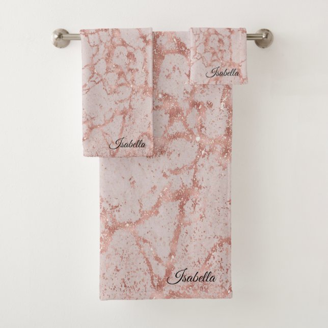 Luxuriöses Rosa Rose Blush Glitzer Marmor individu Badhandtuch Set (Insitu)