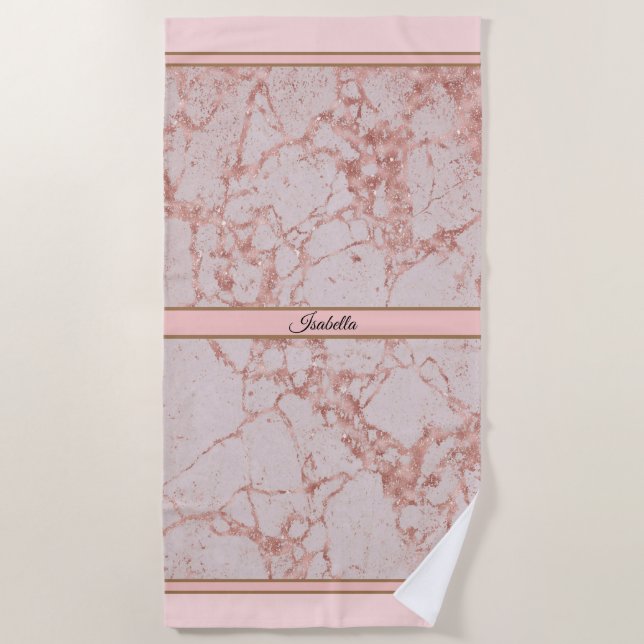 Luxuriöses Rosa Rose Blush Glitzer Marmor individu Strandtuch (Vorderseite)