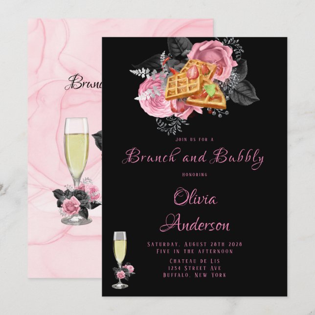 Luxuriöses rosa schwarz-florales Inking Brunch & B Einladung (Vorne/Hinten)