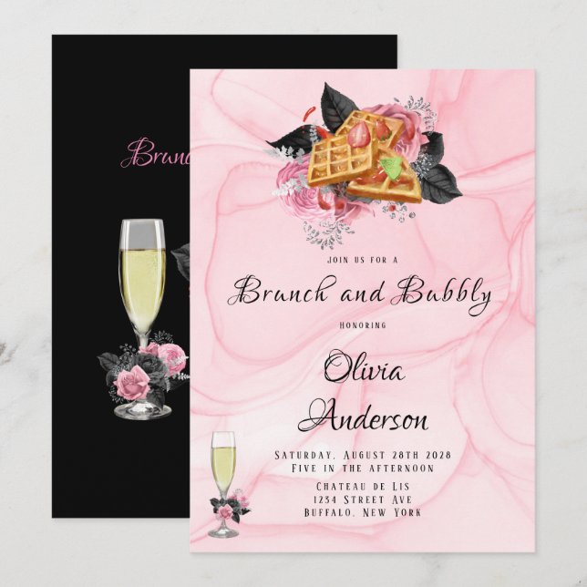 Luxuriöses rosa schwarzes Blumenmotiv Brunch & Bub Einladung (Vorne/Hinten)