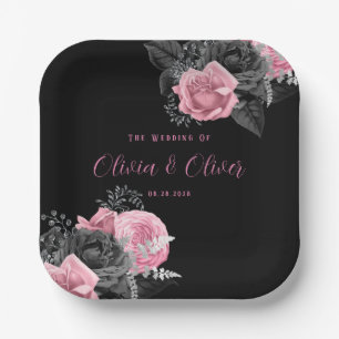 Luxuriöses rosa und schwarz-florales Hochzeitspapi Pappteller