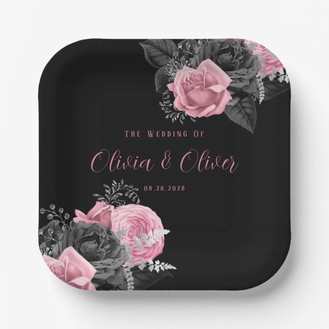 Luxuriöses rosa und schwarz-florales Hochzeitspapi Pappteller (Vorderseite)