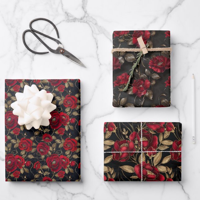 Luxuriöses Rote Rose- & Gold-Leaf-Muster auf schwa Geschenkpapier Set (Vorderseite)