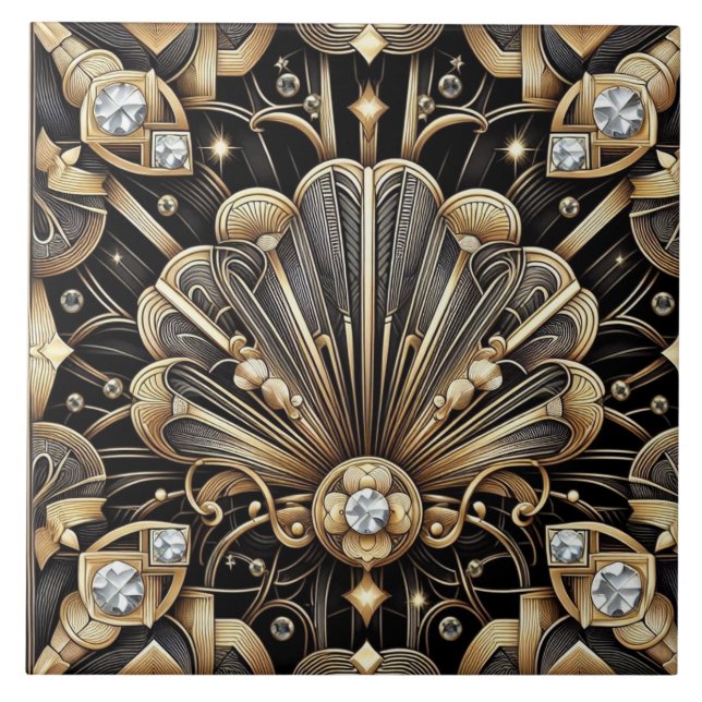 Luxuriöses Schwarz & Gold Art Deco Keramikfliese (Vorderseite)