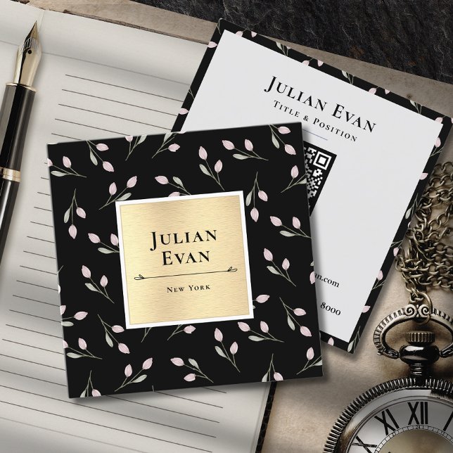 Luxuriöses Schwarz-Gold-Blume-Muster Quadratische Visitenkarte (Von Creator hochgeladen)