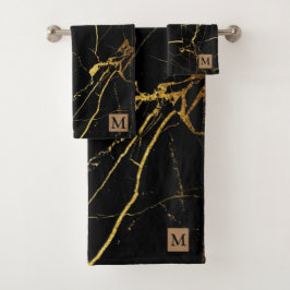 Luxuriöses Schwarz-Gold-Marmor Mit Monogramm Badhandtuch Set