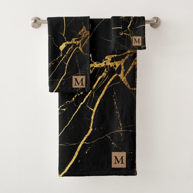 Luxuriöses Schwarz-Gold-Marmor Mit Monogramm Badhandtuch Set (Insitu)