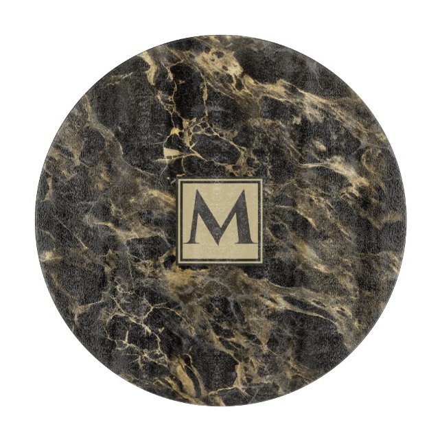 Luxuriöses Schwarz-Gold-Marmor | Monogramm Schneidebrett (Vorderseite)