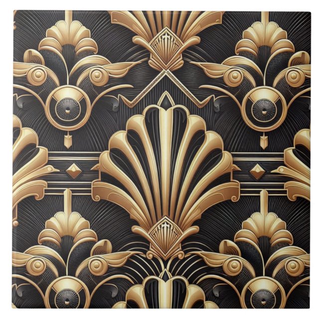 Luxuriöses schwarz-goldenes Art Deco Keramikfliese (Vorderseite)