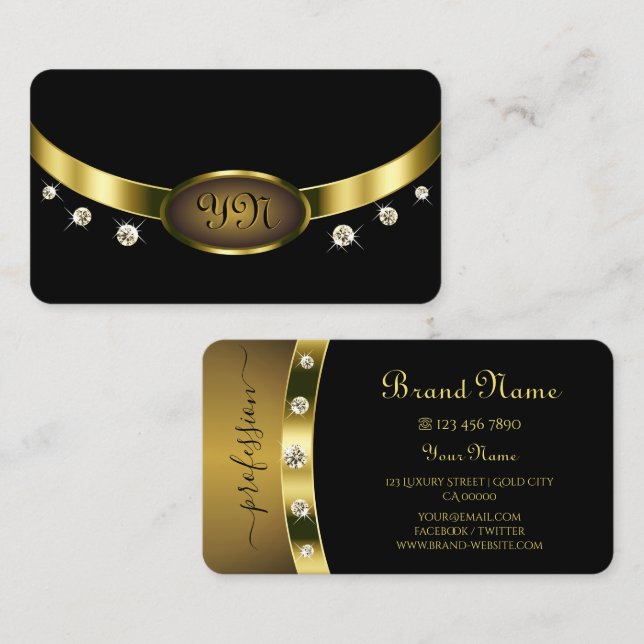 Luxuriöses Schwarz und Gold mit Initialen Diamonds Visitenkarte (Vorne/Hinten)