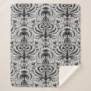Luxuriöses schwarzes, nahtloses Damask Floral Patt Sherpadecke
