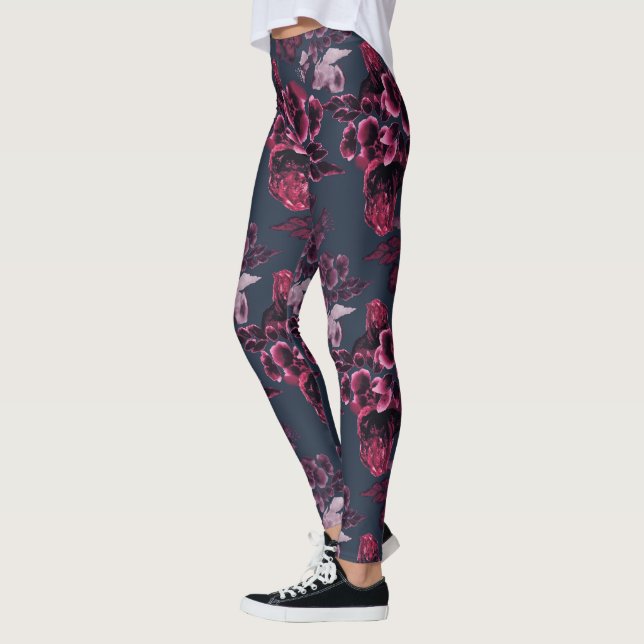 Luxuriöses stilvolles Navy Blue Burgundy Blumenmus Leggings (Links)
