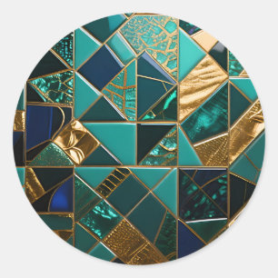 Luxuriöses Türkis Gold Geometrisches Mosaikmuster Runder Aufkleber