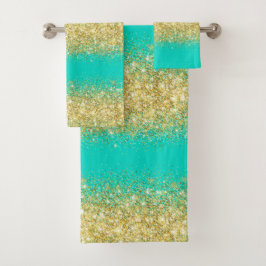Luxuriöses Turquoise Gold Glitzer Badetuch Set
