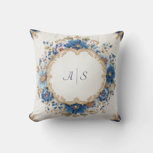 Luxuriöses Viktorianisch Blau- und Goldflordesign Kissen (Vorderseite)