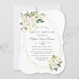Luxuriöses Weißcreme-Floral-Gold-Rahmen 16 . Gebur Einladung