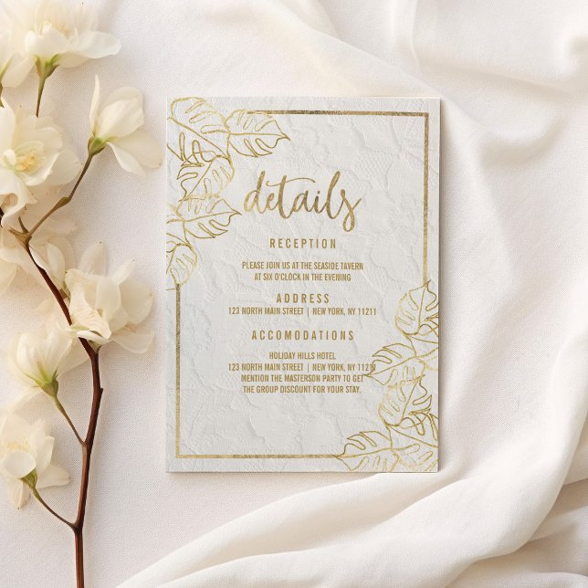 Luxuriöses weißes Gold, französische Blumenspitze  Begleitkarte (Luxury white gold French floral lace Details Enclosure Card )