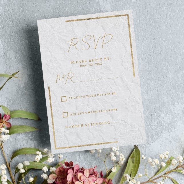 Luxuriöses weißes goldfarbenes französisches Blume Einladung (Luxury white gold french floral lace Wedding RSVP )