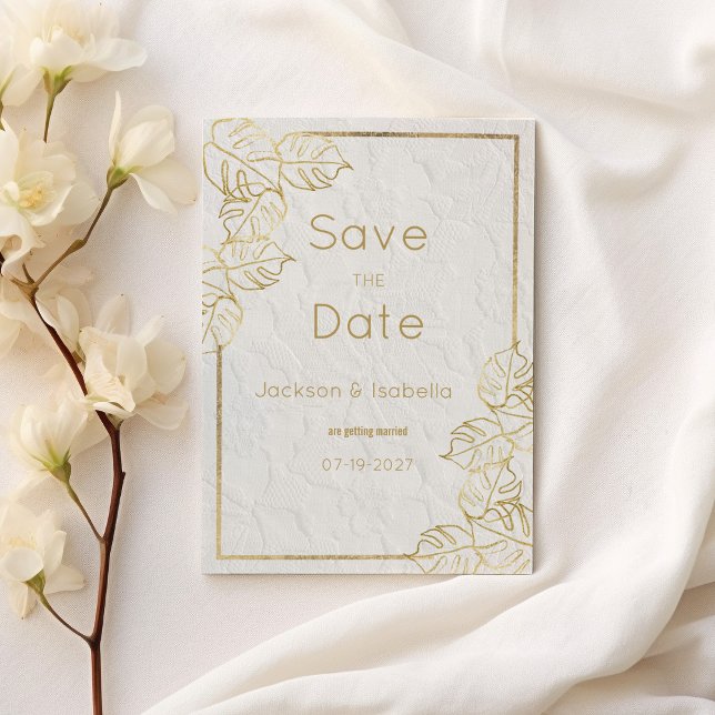 Luxuriöses weißes Goldmedaille, französische Blume Einladung (Luxury white gold French floral lace Save the Date)