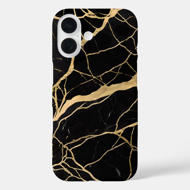 Luxurious Black Marble with Gold Veins iPhone 16 Hülle (Rückseite)