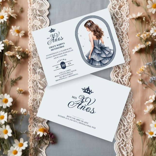 Luxurious Blue Oval Frame Charming Quinceañera  Einladung (Spanish Luxurious Blue Oval Frame Charming Quinceañera Doll Illustration in Blue Shades Invitation.)