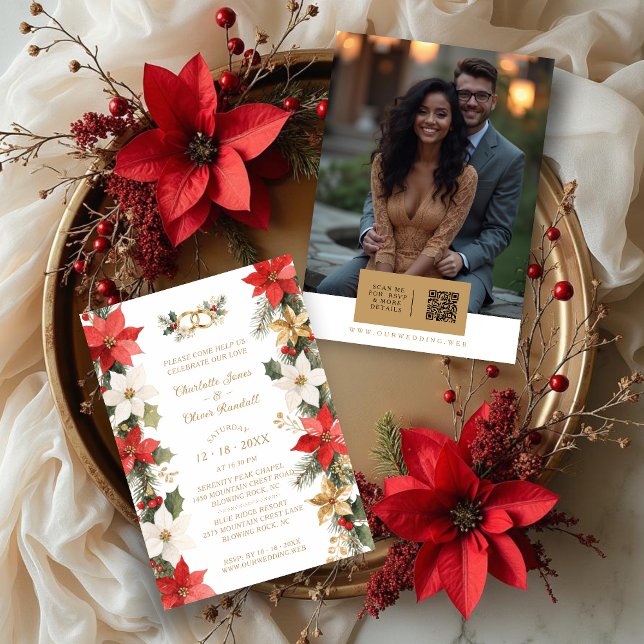 Luxurious Colorful Christmas Botanical & Floral Einladung (Luxurious Colorful Christmas Botanical and Floral Frame Wedding Invitations Cards with Back QR.)