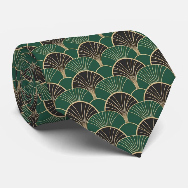 Luxurious Emerald Green & Gold Art Deco Geometric  Krawatte (Gerollt)