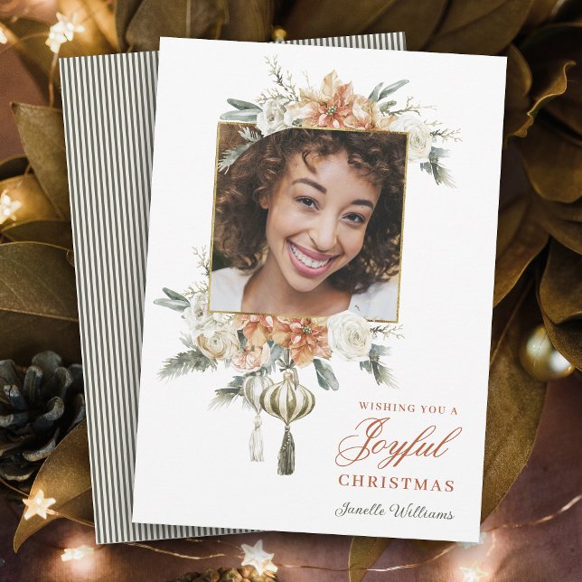 Luxurious Feminine Floral Photo Holiday Card Feiertagskarte (Personalize this holiday card with your photo for a beautifully feminine holiday greeting.)
