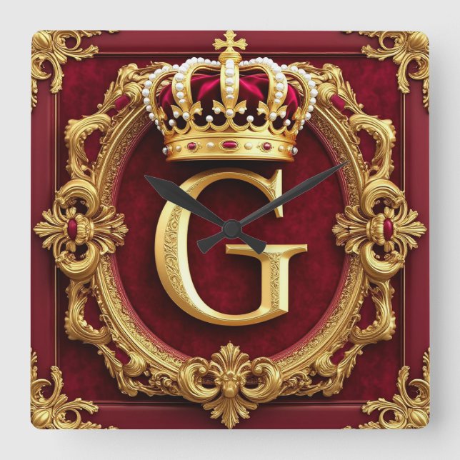 Luxurious Gold Frame With Crowned Monogram Quadratische Wanduhr (Vorderseite)