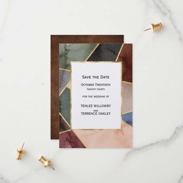 Luxurious Gold Geometric Blue Green Brown Wedding Save The Date (Vorderseite/Rückseite Beispiel)