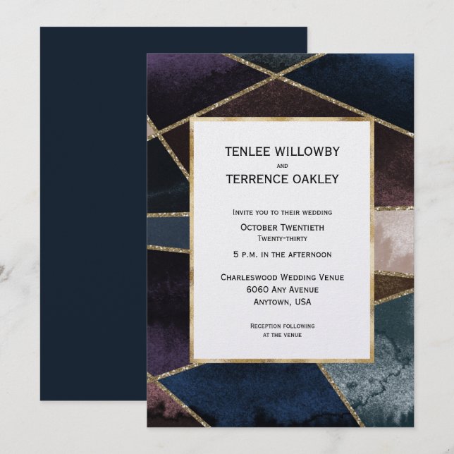 Luxurious Gold Geometric Blue Purple Brown Wedding Einladung (Vorne/Hinten)