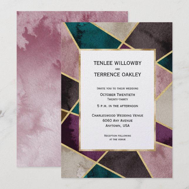 Luxurious Gold Geometric Green Purple Wedding Einladung (Vorne/Hinten)