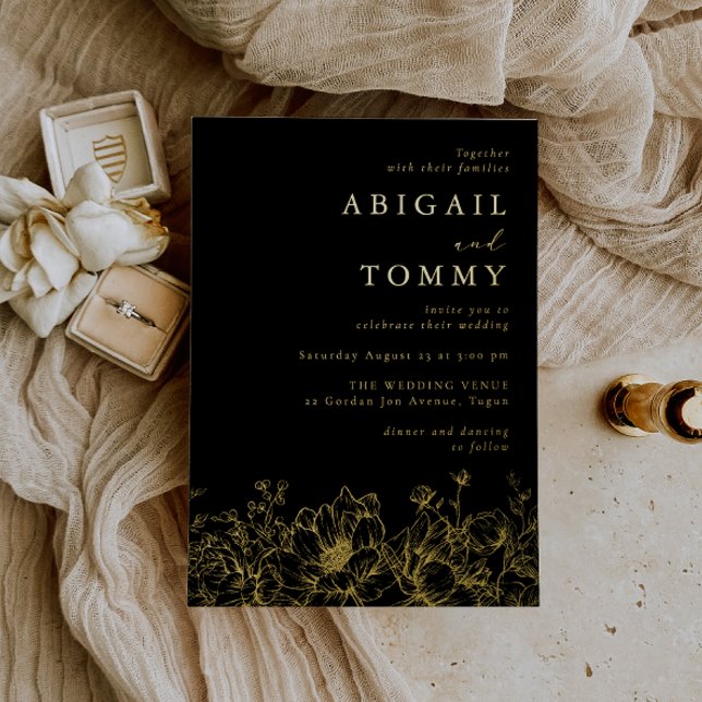 Luxurious Golden Floral Modern Black Wedding Gold Folieneinladung (Von Creator hochgeladen)
