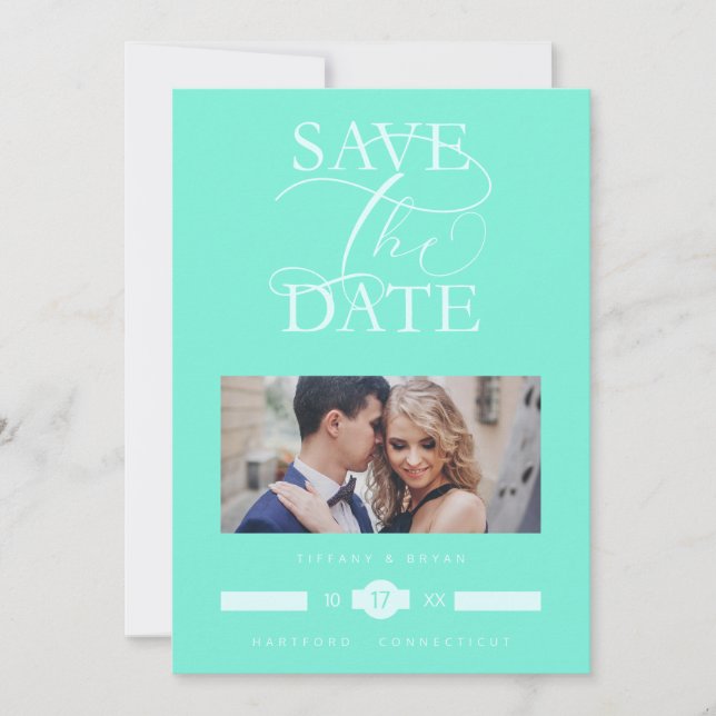 Luxurious Iconic Light Blue Photo Exquisite Script Save The Date (Vorderseite)