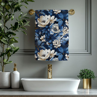 Luxurious Navy Blue Ivory Gold Flowers Towel Badhandtuch Set